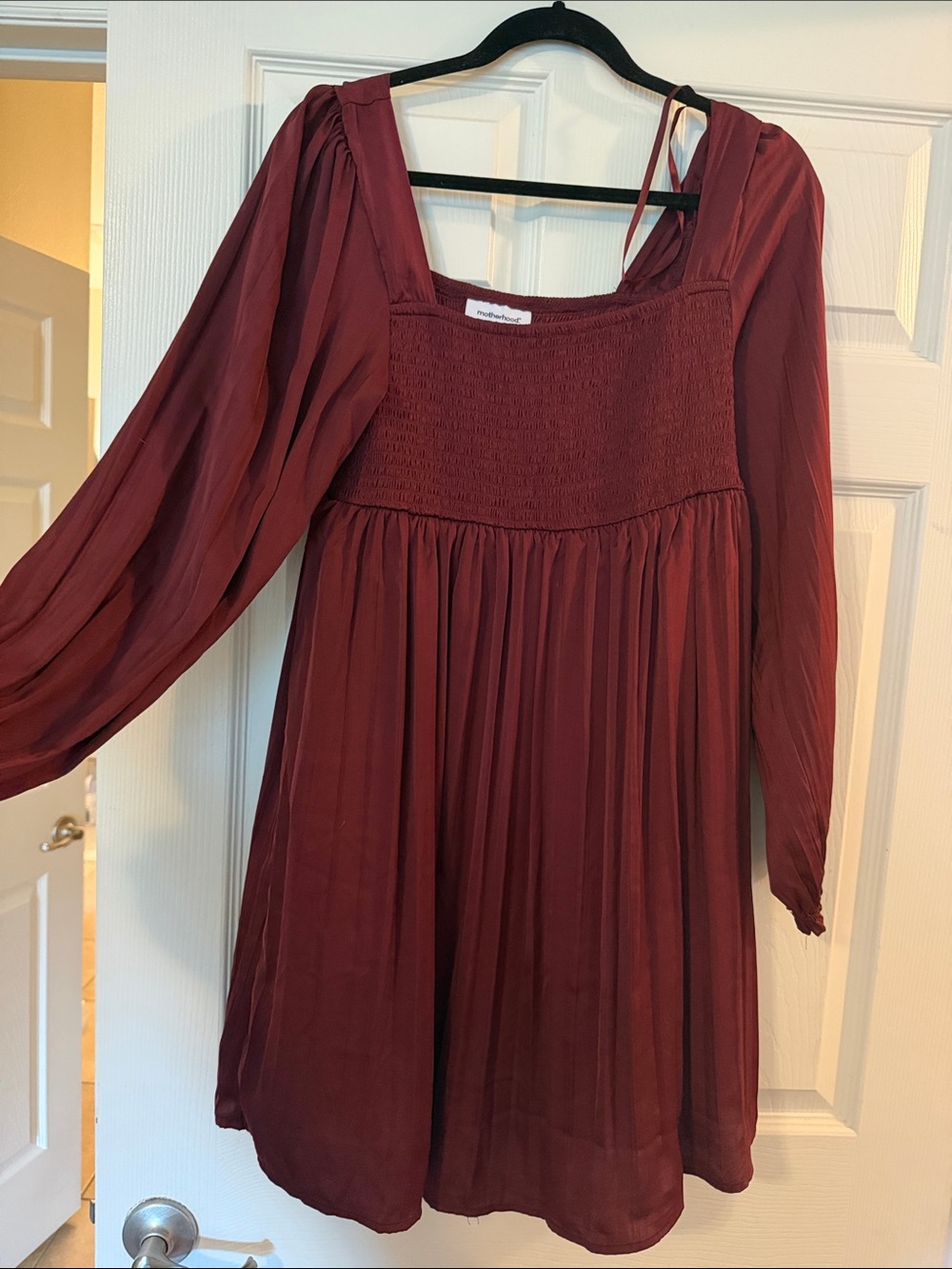 Motherhood Maternity Burgundy Smocked Square-Neck Long Sleeve Dress